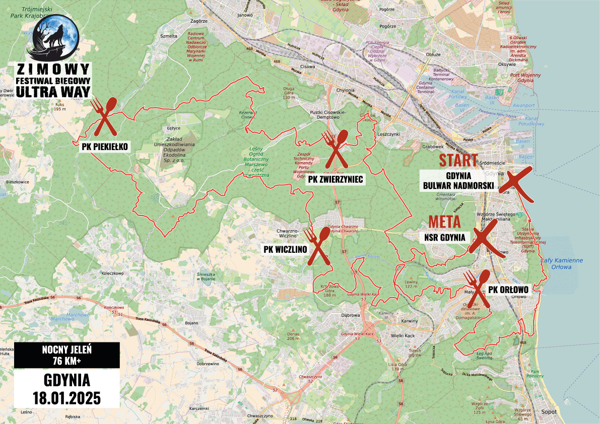 Mapa trasy Nocny Jeleń 76 km+