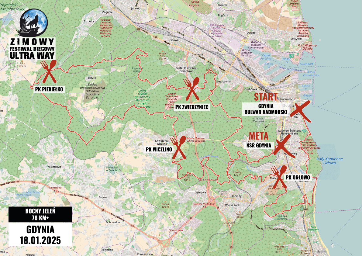 Mapa trasy Nocny Jeleń 76 km+