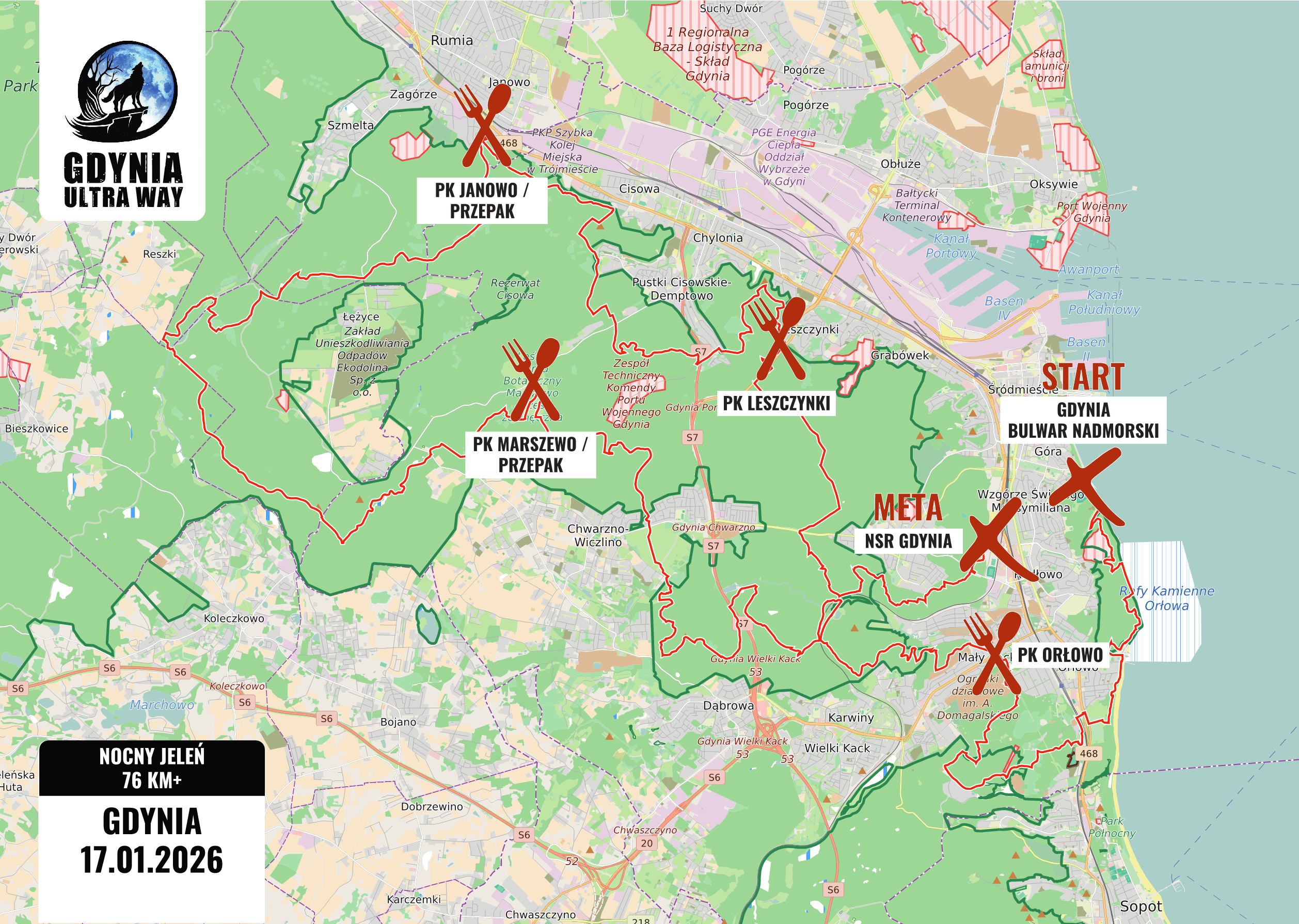 Mapa trasy Nocny Jeleń – 76,70 km
