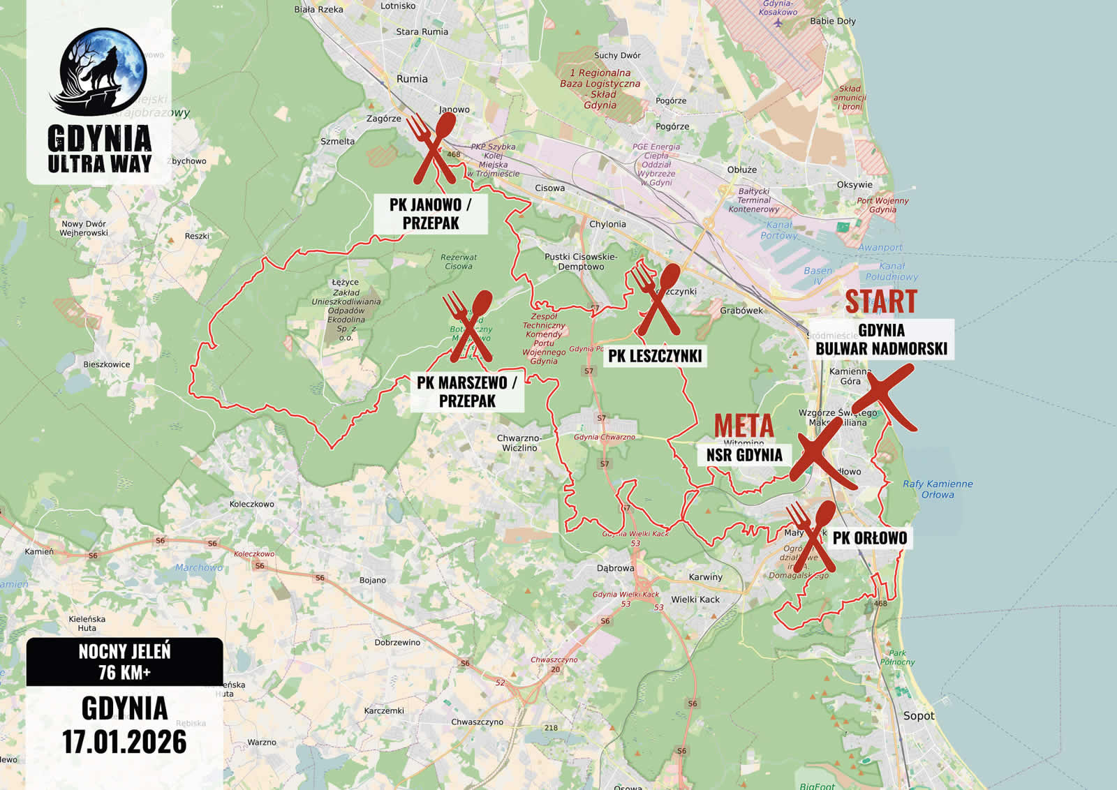 Mapa trasy Nocny Jeleń – 76 km+