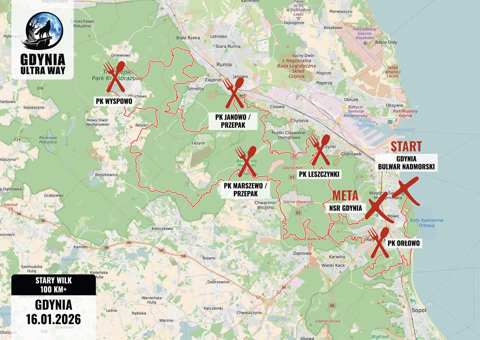 Mapa trasy Stary Wilk – 100 km+